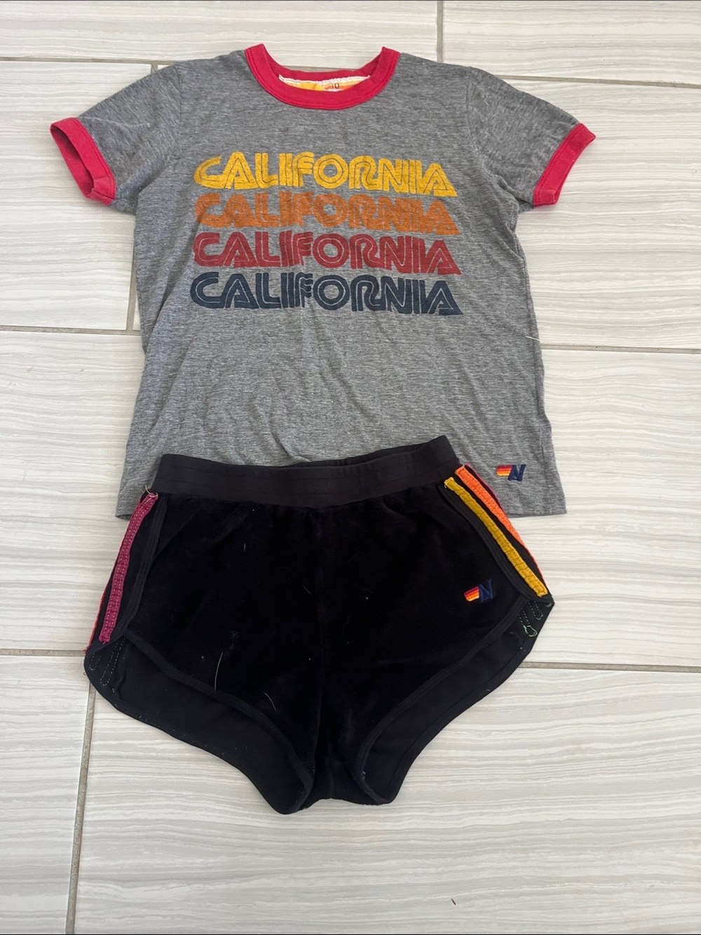 Gray Aviator Nation 'California' Ringer Tee with Black Retro Stripe Shorts